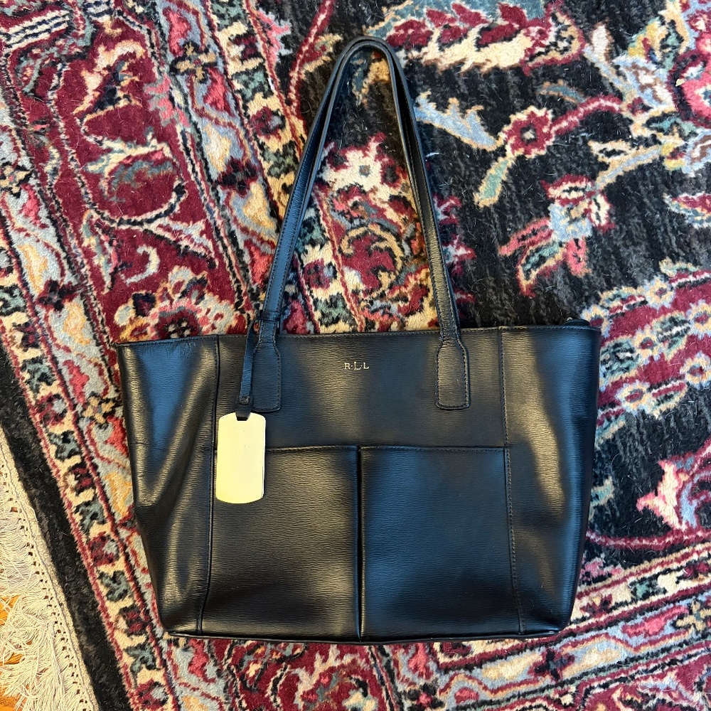 Lauren Ralph Lauren Black Leather Shoulder Tote with Front Pockets - Picture 2 of 11